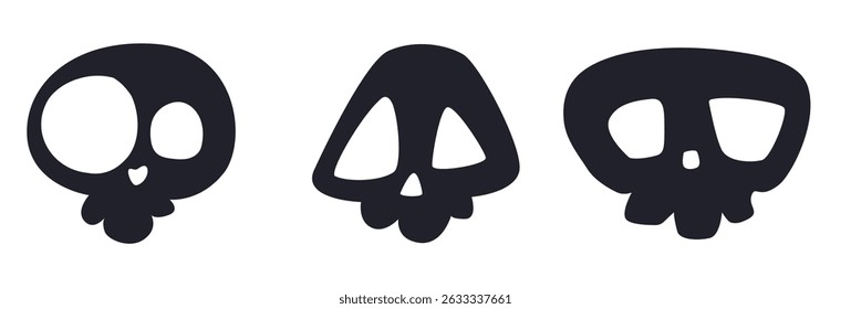 Conjunto de três bonitos e assustadores crânios de desenhos animados em preto e branco. Formas mínimas e ousadas ideais para adesivos, tatuagens, ícones e desenhos de Halloween para crianças e adultos.