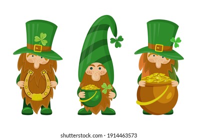 Set of three cute St Patrick's day leprechaun cartoon character with horseshoe and pot of gold. Irish gnome with shamrock on hat for good luck. Vector illustration for cards, decor, t-shirt design