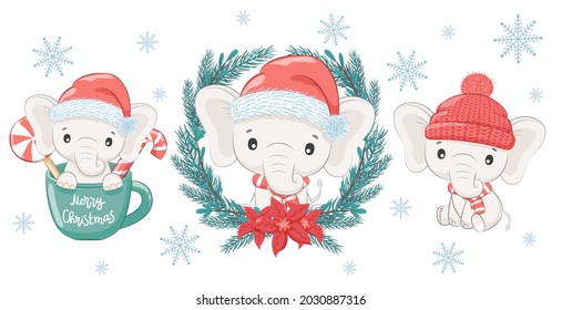 A set of three cute and sweet baby elephants for the New Year and Christmas. The elephant boy. Vector illustration of a cartoon.