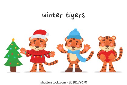 Set of three cute tiger characters. Character for each winter month. Vector cartoon style. Illustrations are suitable for children's products, stickers, banners and posters.