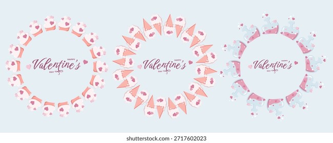 Conjunto de tres lindos marcos de corona de San Valentín hechos de cupcakes, conos de helado y pociones de amor. Ilustración romántica al pastel perfecta para tarjetas de felicitación, invitaciones, carteles, pegatinas y vacaciones