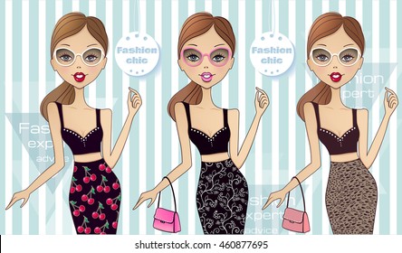 Set with three cute vector fashion girls. Fashionable teens. Cartoon ladies. Colorful sketch illustration. Young pretty woman. Big collection of the girl in various outfits.