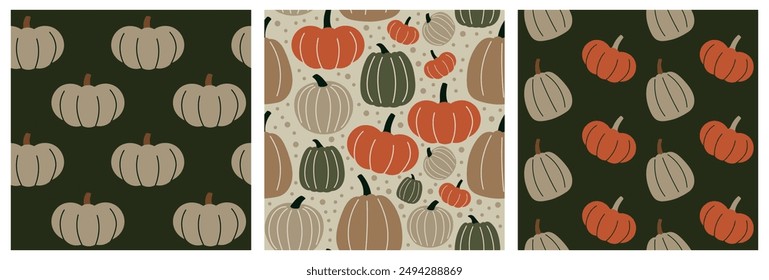 Set of three cute vector patterns with drawn pumpkins in beige,orange and green colors