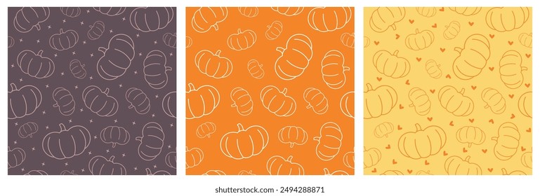 Set of three cute vector patterns with pumpkins, stars and hearts in yellow;orange and purple colors