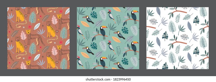 Set of three cute vector seamless pattern with leopard animals exotic birds, parrot, toucan and tropical plants. Endless background in childish style for fabric, textile, kids design.