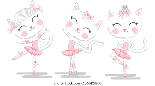 Set of three cute white ballerina cats in pink ballet tutu and pointe