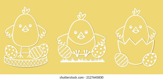 Set of three cute yellow Easter chicks. Festive stickers with birds. Paper cut style. Vector illustration.