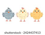 Set of three cute yellow, pink and gray Easter chicks isolated on a white background. Vector illustration, eps 10