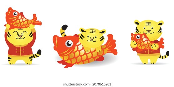 Set of three cute zodiac tigers vector carrying carp fishes as sign of surplus and abundance. Celebration of chinese new year or lunar new year, year of tiger 2022. Isolated characters.