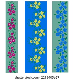 Set of three cutout style floral seamless borders. Vector flat papercraft illustration in bold colors. Can be used for decoration, food packaging, paper, scrapbooking, wallpaper, background
