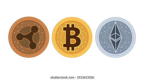 set of three cyber coins blockchain icons vector illustration design