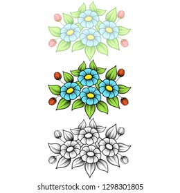 Set of three daisy bouquets different colors isolated on white background