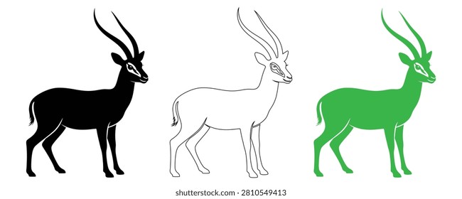 A set of three dama gazelle illustrations presented in black silhouette, white outline, and vibrant green fill, ideal for design projects.