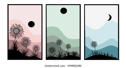 Set three of dandelion Minimal wall art. Plant and flowers wall decor. Moon and sun wall Decorations. Bontanical flowers home Decorations. Greetings cards invitation background Wallpaper social media.
