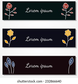 Set of three dark banners with painted flowers and leaves on white background with shadow.