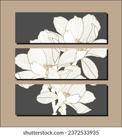 A set of three dark gray paintings with delicate gold flowers. Botanical paintings for room decoration, home decor. Abstract wall decor.