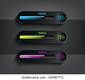 Set of three dark plastic glossy progress / download bar for websites (UI), infographics or applications (app) for smartphones and tablets. Clean and modern style