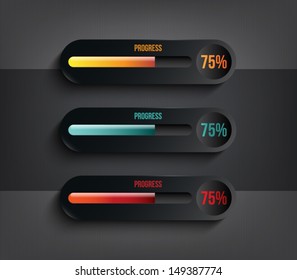 Set of three dark plastic glossy progress / download bar for websites (UI), infographics or applications (app) for smartphones and tablets. Clean and modern style