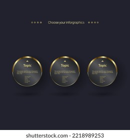 SET of three dark Premium buttons design and Exclusive black banners with golden buttons and set on a dark background, Vector illustration