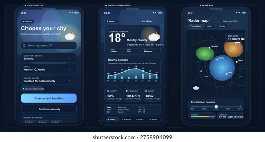 A set of three dark-themed mobile application user interface screens for a weather forecast app, featuring location setup, current forecast dashboard, and a weather radar map display.