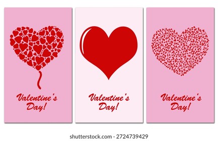 Conjunto de tres tarjetas de felicitación del día de San Valentín con ilustraciones de corazón rojo sobre fondos rosados suaves. Perfecto para mensajes románticos, celebraciones de amor y proyectos de diseño navideño.