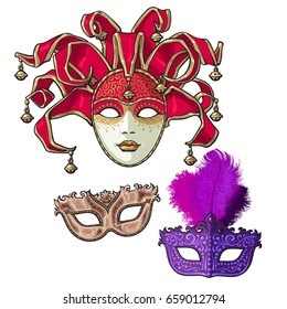 Set of three decorated Venetian carnival masks with feathers and bells, sketch style vector illustration isolated on white background. Realistic hand drawing of carnival, Venetian masquerade masks