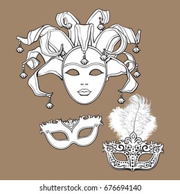 Set of three decorated Venetian carnival masks with feathers and bells, sketch style vector illustration isolated on brown background. Realistic hand drawing of carnival, Venetian masquerade masks