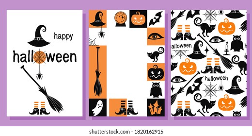 a set of three decorative cards for the celebration of Halloween. lettering, frame, and background with Halloween attributes and symbols. the flat pattern. stock vector illustration. EPS 10.