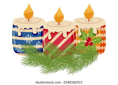 Set of three decorative Christmas or New Year candles with colorful patterns, including snowflakes, stripes, and holly leaves, surrounded by pine branches. Holiday decor and winter celebration concept