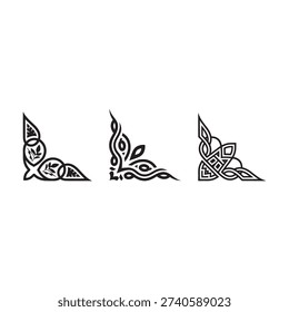 Set of three decorative corner ornaments with intricate floral and geometric patterns for design