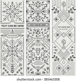 SET OF THREE DECORATIVE DESIGNS. Geometric Nature Style.Can Be Used For Labels, Packages, Greeting Cards, Prints, Web Design, Fashion, Leaflet, Cosmetics Etc. Editable Vector Illustration File.
