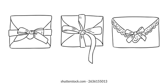 Set of three decorative envelopes with ribbons and bows in black and white. Celebration and gift-giving concept in elegant hand drawn style