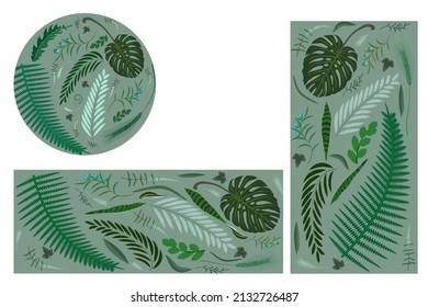 Set of three decorative forms with different plant leaves on green background. Natural floral design.
