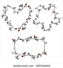A set of three decorative frames of different shapes made of berries and leaves along the contour.  Greeting card for Valentine's Day. Print    