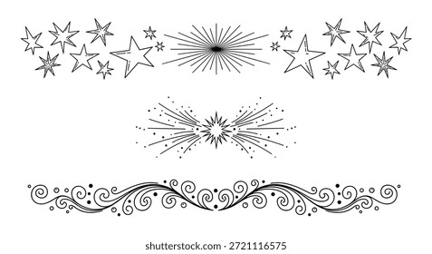 Set von drei dekorativen horizontalen Teilern mit vielen Sternen, Sonnenaufgängen und verzierten Schriftrollen in einem detaillierten Schwarz-Weiß-Stil.