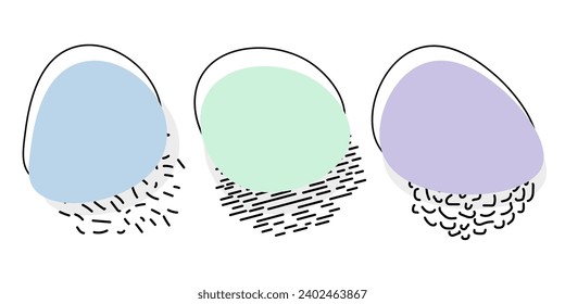 Set of three decorative spots, blot, with linear elements and abstract textures. Minimalistic elements for the design of websites, flyers, banners in pastel colors. Isolated on white background.