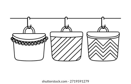 Conjunto de tres cestas de almacenamiento decorativas colgando en Elementos de Vector de línea. Esquema de iconos de contenedores de tela para el diseño de organización del hogar.