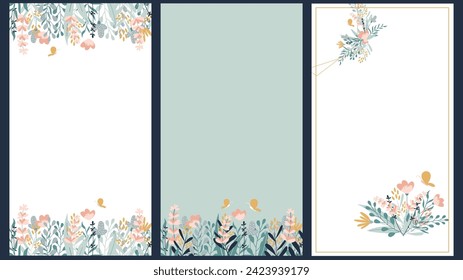 Set of three delicate backgrounds with hand drawn flowers. Vector vertical design.