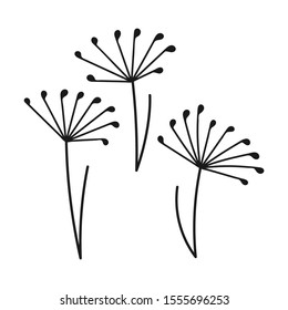 Set of three Delicate stylized dandelion flowers . Doodle logo vector outline design illustration isolated on white background.