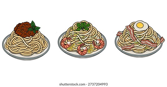 Set of three delicious pasta dishes vector illustration, spaghetti with bolognese, shrimp and lemon, and bacon and egg