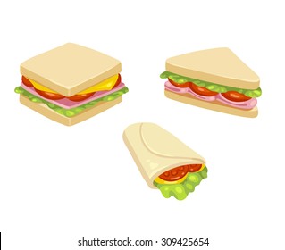Set of three delicious sandwich illustrations: rectangle, triangle and wrap.