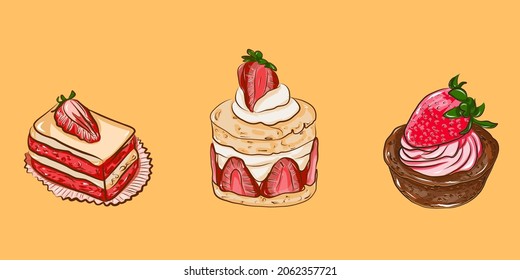 Set von drei köstlichen Erdbeerdesserts, Vektorgrafik. Vanilla Erdbeertorte. Vanilla-Kurzkuchen mit Peitschencreme und frischen Erdbeeren. Schokoladenkuchen mit Erdbeercreme.