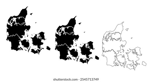 Set of three Denmark map silhouettes in black and outline style with regions.