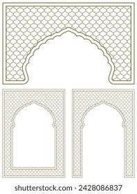 A set of three design elements. Two frames and an arch . Ornament in Arabic geometric style. A4 proportion