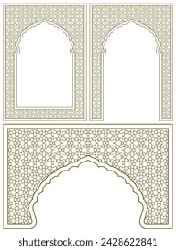 A set of three design elements. Two frames and an arch . Ornament in Arabic geometric style. A4 proportion