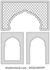 A set of three design elements. Two frames and an arch . Ornament in Arabic geometric style. A4 proportion
