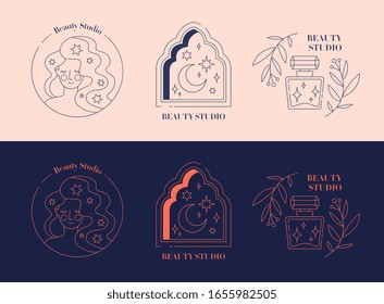 Set of three designs for Beauty logos for a Studio in blue on pink background and reversed variation for pink on blue background with text, colored vector illustration