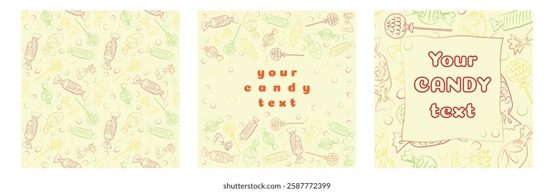 A set of three designs with colorful doodle-style line candies, including a seamless template and two postcards