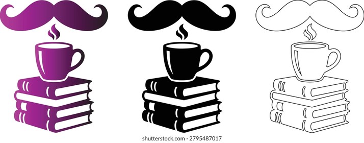 A set of three designs featuring a coffee cup stacked on books with a mustache, presented as a distinctive silhouette in varying color schemes.