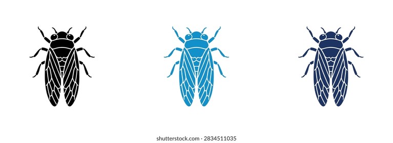 A set of three detailed cicada insect illustrations featuring different color variations including black light blue and dark blue showing symmetrical wing patterns and anatomy
